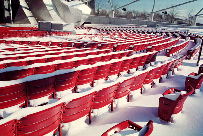 red chairs and snow
